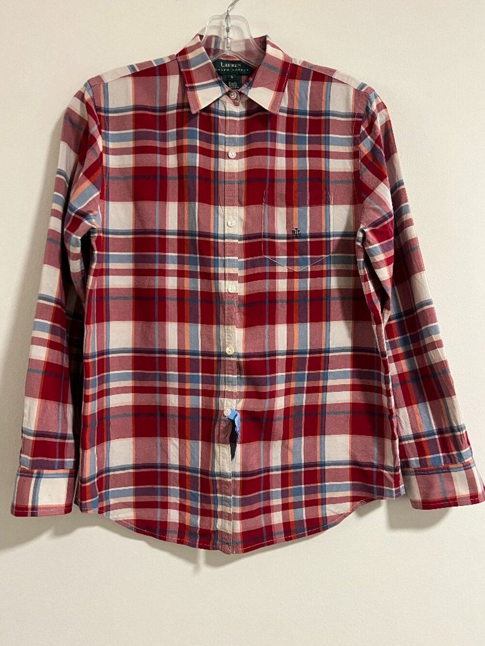 Lauren Ralph Lauren 100% Silk Plaid Button Front Shirt Size Small Red Multicolor